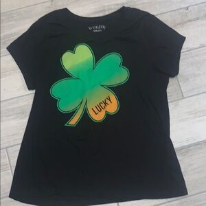Wound Up Black Tee with Green and Orange Shamrock
